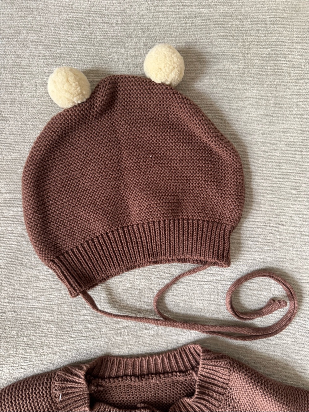 Baby Knit Romper & Pom Pom Bear Bonnet Set Brown Cottagecore Boho Neutral Infant - Picture 3 of 7